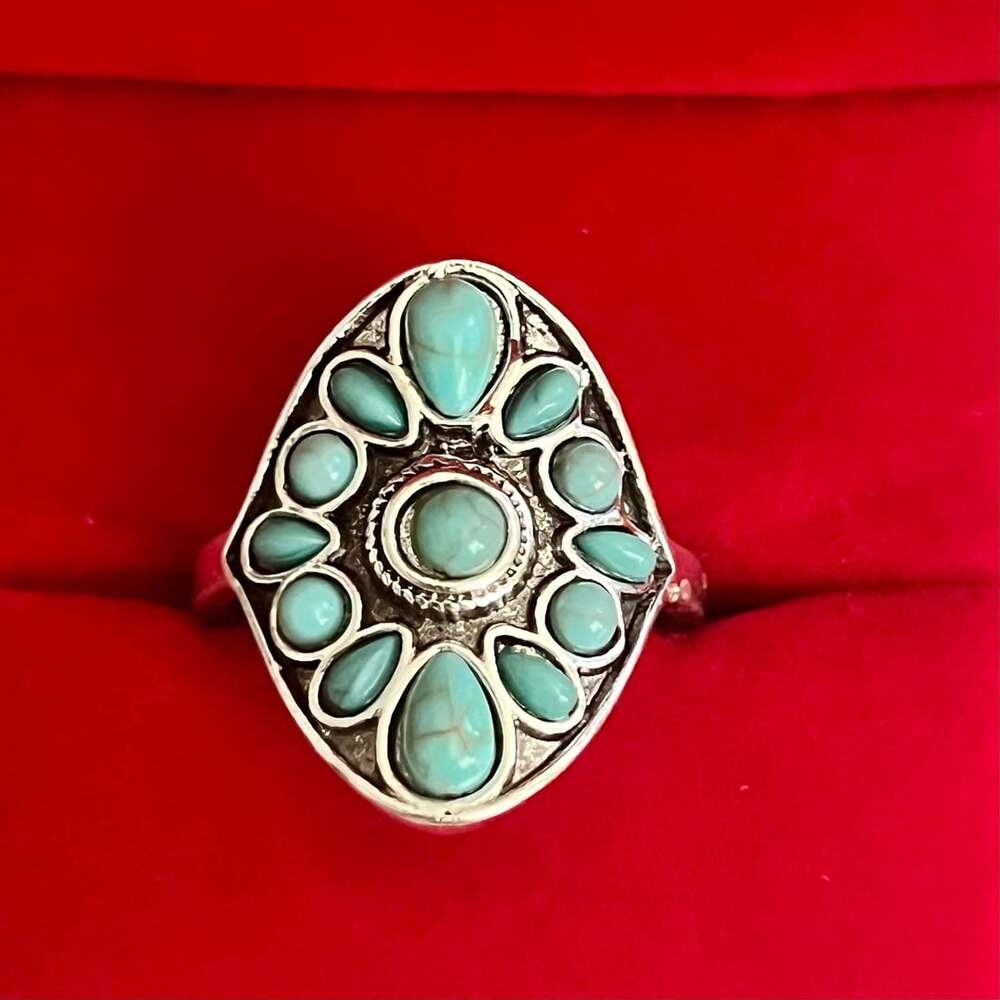 Southwestern Style Faux Turquoise Beaded Titanium Steel Silver Ring Size 9